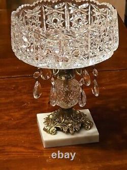 Hand Cut Crystal Brass Marble Compote Bowl Prisms 8 X 10 1/2