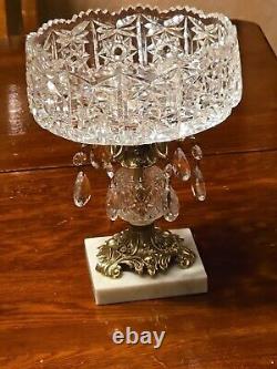 Hand Cut Crystal Brass Marble Compote Bowl Prisms 8 X 10 1/2