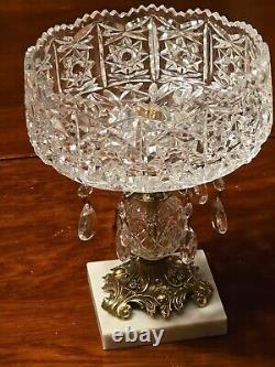 Hand Cut Crystal Brass Marble Compote Bowl Prisms 8 X 10 1/2