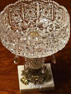Hand Cut Crystal Brass Marble Compote Bowl Prisms 8 X 10 1/2