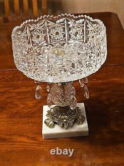 Hand Cut Crystal Brass Marble Compote Bowl Prisms 8 X 10 1/2