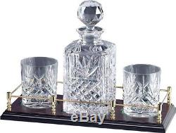 Hand Cut Crystal Decanter on Wooden Tray with Gallery Rail and Whisky Glasses