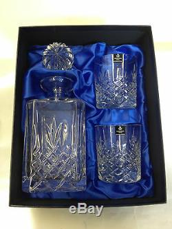 Hand Cut Crystal Square Decanter and Pair of Whisky Glasses In Silk Box