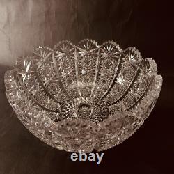Hand Cut Glass Lead Crystal Bowl Queens Lace 9in VTG Czech Bohemian