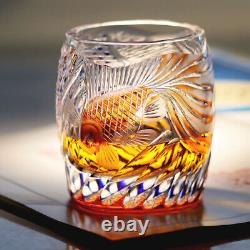 Hand Cut Gold Fish Pattern Rock Tumbler Whiskey Crystal Glass Tumbler Red Blue