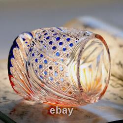 Hand Cut Gold Fish Pattern Rock Tumbler Whiskey Crystal Glass Tumbler Red Blue