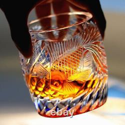 Hand Cut Gold Fish Pattern Rock Tumbler Whiskey Crystal Glass Tumbler Red Blue