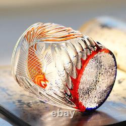 Hand Cut Gold Fish Pattern Rock Tumbler Whiskey Crystal Glass Tumbler Red Blue
