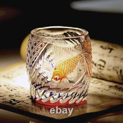 Hand Cut Gold Fish Pattern Rock Tumbler Whiskey Crystal Glass Tumbler Red Blue