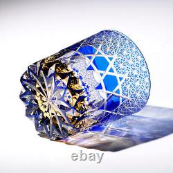 Hand Cut To Clear Blue 9oz Edo Kiriko Crystal Whiskey Glasses Gift Packing 2pc