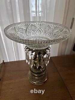 Hollywood Regency Cut Crystal Glass Compote Pedestal Bowl Candy Dish With Prisms