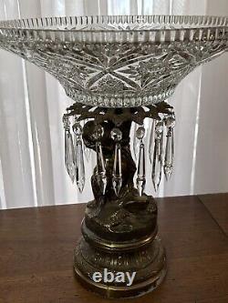 Hollywood Regency Cut Crystal Glass Compote Pedestal Bowl Candy Dish With Prisms