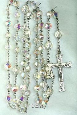 Htf Vintage Sterling Silver 1960's Unique Cut Ab Crystal Glass Rosary