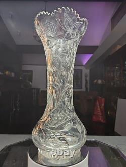 Huge 16-1/4 VASE, American Brilliant Period Cut Glass Crystal Butterfly & Rose