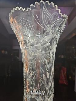 Huge 16-1/4 VASE, American Brilliant Period Cut Glass Crystal Butterfly & Rose