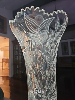 Huge 16-1/4 VASE, American Brilliant Period Cut Glass Crystal Butterfly & Rose