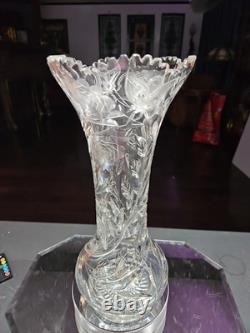 Huge 16-1/4 VASE, American Brilliant Period Cut Glass Crystal Butterfly & Rose