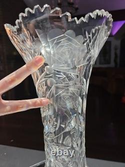 Huge 16-1/4 VASE, American Brilliant Period Cut Glass Crystal Butterfly & Rose