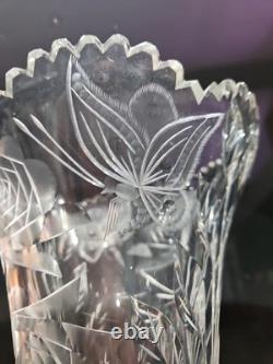 Huge 16-1/4 VASE, American Brilliant Period Cut Glass Crystal Butterfly & Rose