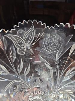 Huge 16-1/4 VASE, American Brilliant Period Cut Glass Crystal Butterfly & Rose