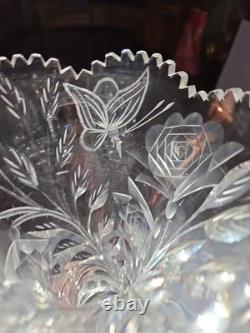 Huge 16-1/4 VASE, American Brilliant Period Cut Glass Crystal Butterfly & Rose