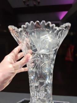 Huge 16-1/4 VASE, American Brilliant Period Cut Glass Crystal Butterfly & Rose