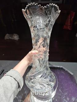 Huge 16-1/4 VASE, American Brilliant Period Cut Glass Crystal Butterfly & Rose