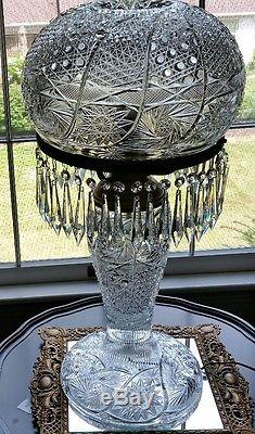 Huge Antique Cut Glass Crystal Lamp With Cut Crystal Mushroom Shade & Prisims 26