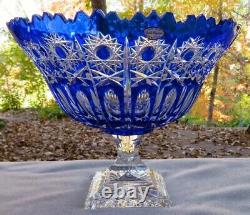 Huge Ofnah Cut Crystal Cobalt to Clear Pedestal Compote Poland Mint Label Signed