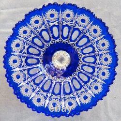 Huge Ofnah Cut Crystal Cobalt to Clear Pedestal Compote Poland Mint Label Signed