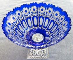 Huge Ofnah Cut Crystal Cobalt to Clear Pedestal Compote Poland Mint Label Signed