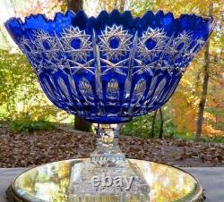 Huge Ofnah Cut Crystal Cobalt to Clear Pedestal Compote Poland Mint Label Signed