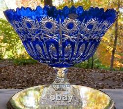 Huge Ofnah Cut Crystal Cobalt to Clear Pedestal Compote Poland Mint Label Signed