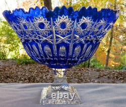 Huge Ofnah Cut Crystal Cobalt to Clear Pedestal Compote Poland Mint Label Signed