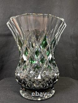 Huge Vintage Val St. Lambert Cut Glass Crystal Emerald Green & Clear Vase 11