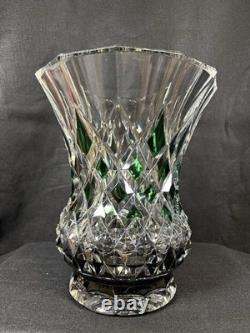 Huge Vintage Val St. Lambert Cut Glass Crystal Emerald Green & Clear Vase 11