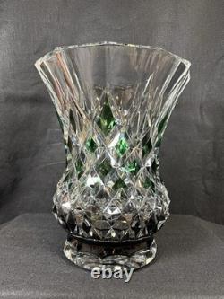 Huge Vintage Val St. Lambert Cut Glass Crystal Emerald Green & Clear Vase 11