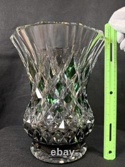 Huge Vintage Val St. Lambert Cut Glass Crystal Emerald Green & Clear Vase 11
