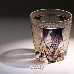 J82 Peacock Edo Kiriko Glass Hand Cut Clear Crystal Whiskey Glasses Purple 12oz