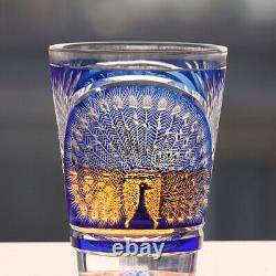 Japanese Edo Kiriko Hand Cut To Peacock Pattern Clear Blue Whisky Glass 10oz