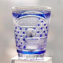 Japanese Edo Kiriko Hand Cut To Peacock Pattern Clear Blue Whisky Glass 10oz