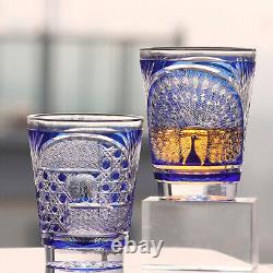 Japanese Edo Kiriko Hand Cut To Peacock Pattern Clear Blue Whisky Glass 10oz