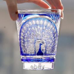 Japanese Edo Kiriko Hand Cut To Peacock Pattern Clear Blue Whisky Glass 10oz