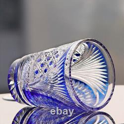 Japanese Edo Kiriko Hand Cut To Peacock Pattern Clear Blue Whisky Glass 10oz