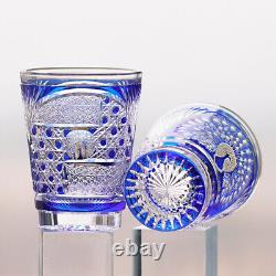 Japanese Edo Kiriko Hand Cut To Peacock Pattern Clear Blue Whisky Glass 10oz