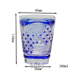 Japanese Edo Kiriko Hand Cut To Peacock Pattern Clear Blue Whisky Glass 10oz