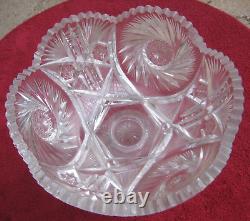 LARGE Antique Cut Etched Glass Crystal Punch Bowl with Beaded Pedestal Stand