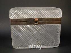 LARGE Antique French Diamond Cross Cut Crystal Glass Casket Hinged Jewelry Box