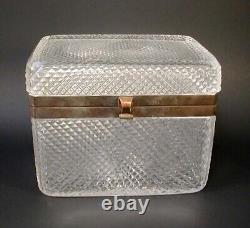 LARGE Antique French Diamond Cross Cut Crystal Glass Casket Hinged Jewelry Box