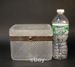 LARGE Antique French Diamond Cross Cut Crystal Glass Casket Hinged Jewelry Box